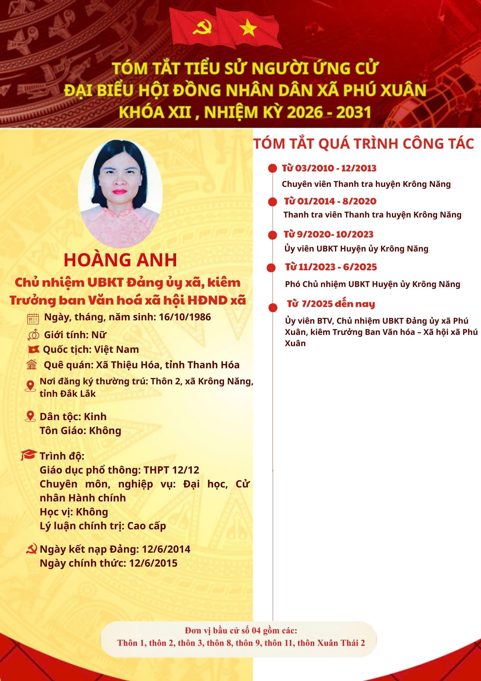 Tóm tắt tiểu sử Bà: Hoàng Anh - Chủ nhiệm ủy ban kiểm tra Đảng ủy, kiêm Trưởng ban văn hóa xã hội HĐND xã Phú Xuân.